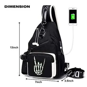 FEWOFJ Sling Bag for Boys with USB, Small Chest Pack with Side Pocket, Travel Shoulder Backpack(Ghosthand)