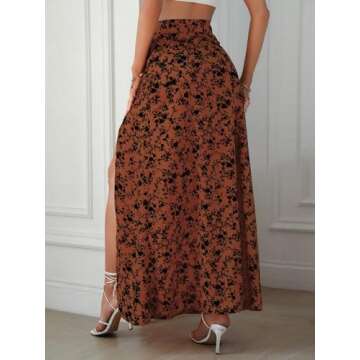 Verdusa Women's Sexy Boho Floral Split Thigh High Waist Swing Midi Skirt Rust Brown Large
