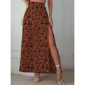 Verdusa Women's Sexy Boho Floral Split Thigh High Waist Swing Midi Skirt Rust Brown Large