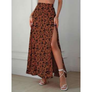 Verdusa Women's Sexy Boho Floral Split Thigh High Waist Swing Midi Skirt Rust Brown Large
