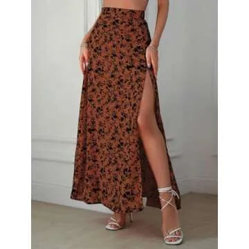 Verdusa Women's Sexy Boho Floral Split Thigh High Waist Swing Midi Skirt Rust Brown Large