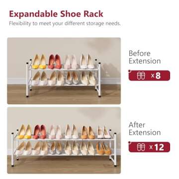 Tajsoon Expandable Shoe Rack for Closet 2 Tier, 28“-41“ Adjustable & Stackable Shoe Shelf Storage, Metal Shoe Rack Organizer for Front Door Entrance, Closet, Garage, Entryway, White