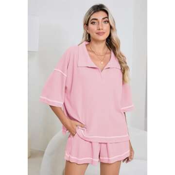 Womens 2 Piece Pajama Sets Short Sleeve Tops Lounge Sets Casual 2 Piece Outfits Summer Short Sets Loungewear Pink M