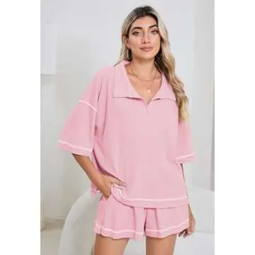 Womens 2 Piece Pajama Sets Short Sleeve Tops Lounge Sets Casual 2 Piece Outfits Summer Short Sets Loungewear Pink M