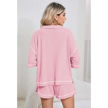 Womens 2 Piece Pajama Sets Short Sleeve Tops Lounge Sets Casual 2 Piece Outfits Summer Short Sets Loungewear Pink M