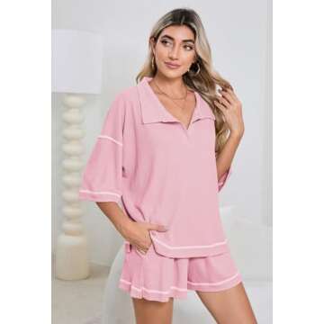 Womens 2 Piece Pajama Sets Short Sleeve Tops Lounge Sets Casual 2 Piece Outfits Summer Short Sets Loungewear Pink M