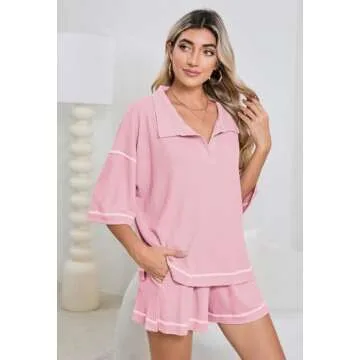 Womens 2 Piece Pajama Sets Short Sleeve Tops Lounge Sets Casual 2 Piece Outfits Summer Short Sets Loungewear Pink M