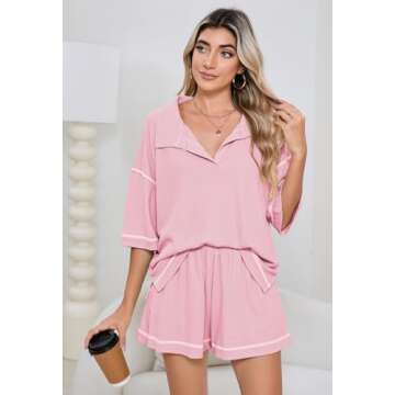Womens 2 Piece Pajama Sets Short Sleeve Tops Lounge Sets Casual 2 Piece Outfits Summer Short Sets Loungewear Pink M
