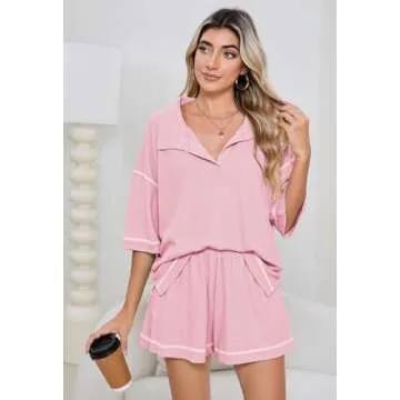 Womens 2 Piece Pajama Sets Short Sleeve Tops Lounge Sets Casual 2 Piece Outfits Summer Short Sets Loungewear Pink M