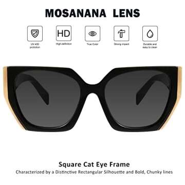 mosanana Square Cat Eye Sunglasses for Women Trendy Black Gold Cateye Rectangle Cool 90s Cute Funky Fashion 2022 Ladies 70s Retro Vintage Youth Chunky Baddie Stylish Sharp Pointed Unique 80s COCO