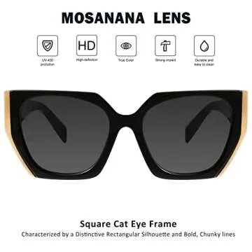mosanana Square Cat Eye Sunglasses for Women Trendy Black Gold Cateye Rectangle Cool 90s Cute Funky Fashion 2022 Ladies 70s Retro Vintage Youth Chunky Baddie Stylish Sharp Pointed Unique 80s COCO