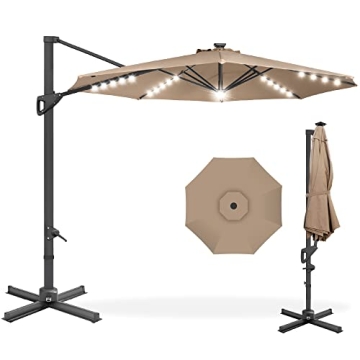 Best Choice Products 10ft Solar LED Cantilever Patio Umbrella, 360-Degree Rotation Hanging Offset Ma...