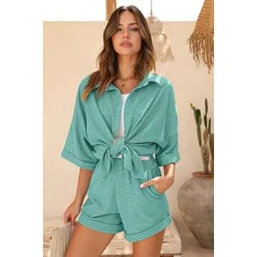 Ekouaer Waffle Knit Lounge Sets for Women Short Sleeve Pajamas Button Down Pjs Oversized Loungewear Shorts Set Mint Green
