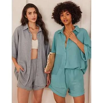 Ekouaer Waffle Knit Lounge Sets for Women Short Sleeve Pajamas Button Down Pjs Oversized Loungewear Shorts Set Mint Green