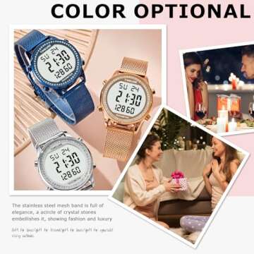 TIMEURE Women's Step Counter Pedometer Watch Crystal Stone, No App, No Charging Needed for Step, Calorie, Distance Tracking, Alarm, Countdown Timer, TU-2401 (Crystal Blue)