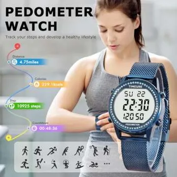 TIMEURE Women's Step Counter Pedometer Watch Crystal Stone, No App, No Charging Needed for Step, Calorie, Distance Tracking, Alarm, Countdown Timer, TU-2401 (Crystal Blue)