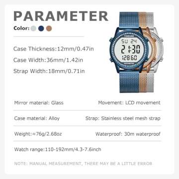 TIMEURE Women's Step Counter Pedometer Watch Crystal Stone, No App, No Charging Needed for Step, Calorie, Distance Tracking, Alarm, Countdown Timer, TU-2401 (Crystal Blue)