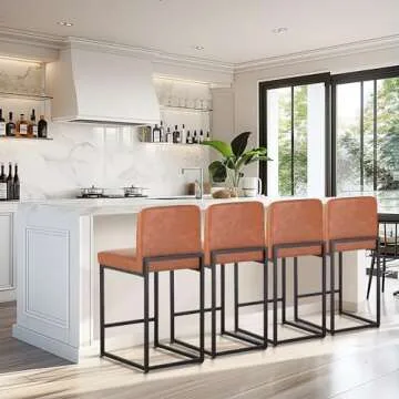 MAISON ARTS Bar Stools Set of 4, 24 Inch Counter Height Barstools with Back, Modern Upholstered Faux Leather Bar Chairs for Kitchen Island & Home Bar, Metal Steel Frame, Support 330LBS, Brown