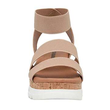 CUSHIONAIRE Naomi Cork Wedge Sandals for Women – Soft Stretch Straps Comfortable Platform Sandals for Women with Memory Foam Insole, Wide Widths Available, NUDE 8.5