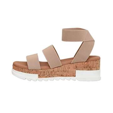 CUSHIONAIRE Naomi Cork Wedge Sandals for Women – Soft Stretch Straps Comfortable Platform Sandals for Women with Memory Foam Insole, Wide Widths Available, NUDE 8.5