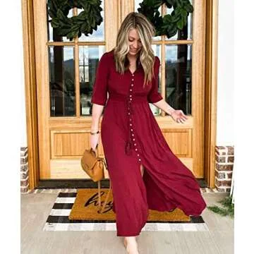 BTFBM Casual Women V Neck Button Up Drawstring Maxi Dress