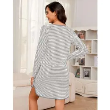 Namatime Cotton Nightgowns for Women Soft Striped House Dress Long Sleeve Sleep Shirts Fall Sleepwear Pajama Dress Nightshirt Maternity Postpartum Lounge Dress Grey L