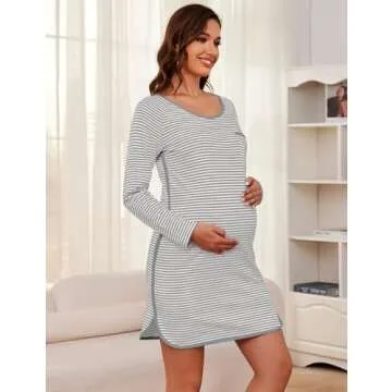 Namatime Cotton Nightgowns for Women Soft Striped House Dress Long Sleeve Sleep Shirts Fall Sleepwear Pajama Dress Nightshirt Maternity Postpartum Lounge Dress Grey L