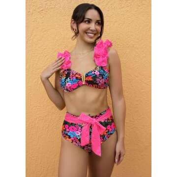 SPORLIKE Women High Waisted Swimsuit Ruffle Adjustable Straps Bikini Tie Back Bathing Suit(Floral/Black,Large)