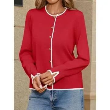 MEROKEETY Women's 2024 Fall Long Sleeve Lightweight Cardigan Sweaters Casual Crew Neck Button Trendy Knit Tops, Red, Medium