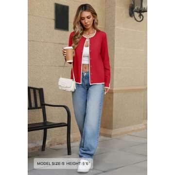 MEROKEETY Women's 2024 Fall Long Sleeve Lightweight Cardigan Sweaters Casual Crew Neck Button Trendy Knit Tops, Red, Medium