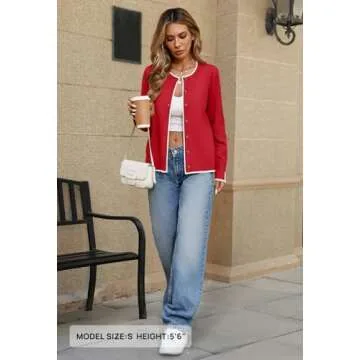MEROKEETY Women's 2024 Fall Long Sleeve Lightweight Cardigan Sweaters Casual Crew Neck Button Trendy Knit Tops, Red, Medium