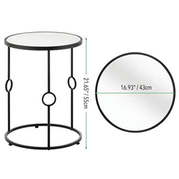 mDesign Round Metal Side/End Table with Decorative Legs, in-Lay Top, Home Decor Accent Furniture for Living Room, Bedroom - Matte Black/Mirror