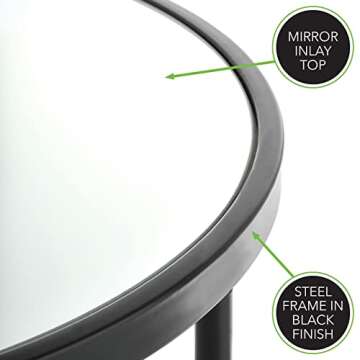 mDesign Round Metal Side/End Table with Decorative Legs, in-Lay Top, Home Decor Accent Furniture for Living Room, Bedroom - Matte Black/Mirror
