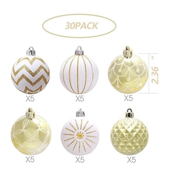30PCS Christmas Balls Ornaments,60MM Gold&White Painted Shatterproof Festive Wedding Hanging Ornaments Christmas Tree Decoration
