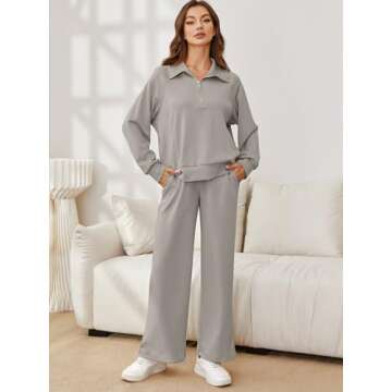Glamaker Womens 2 Piece Outfits Sweatsuit Set Oversized Half Zip Sweatsuits Wide Leg Sweatpants Loun...