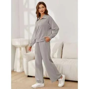 Glamaker Womens 2 Piece Outfits Sweatsuit Set Oversized Half Zip Sweatsuits Wide Leg Sweatpants Lounge Sets Tracksuit Grey M