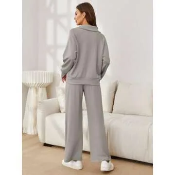 Glamaker Womens 2 Piece Outfits Sweatsuit Set Oversized Half Zip Sweatsuits Wide Leg Sweatpants Lounge Sets Tracksuit Grey M