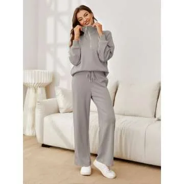 Glamaker Womens 2 Piece Outfits Sweatsuit Set Oversized Half Zip Sweatsuits Wide Leg Sweatpants Lounge Sets Tracksuit Grey M