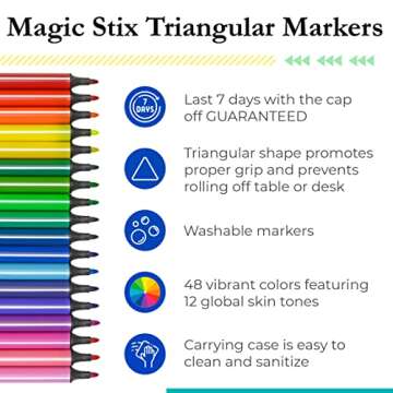 The Pencil Grip Magic Tri Stix, Non-Toxic and Washable Markers For Kids, 48 set, 36 Rainbow + 12 Global Skin Tone Markers, TPG-390