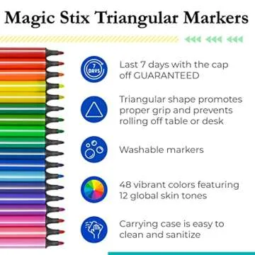 The Pencil Grip Magic Tri Stix, Non-Toxic and Washable Markers For Kids, 48 set, 36 Rainbow + 12 Global Skin Tone Markers, TPG-390