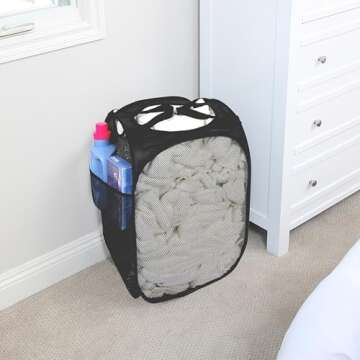 Smart Design Deluxe Mesh Pop Up Square Laundry Hamper w/ Side Pocket & Handles - VentilAir Fabric Collapsible Design - for Clothes & Laundry - Home - (Holds 2 Loads) (14 x 23 Inch) [Black]
