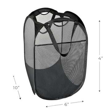 Smart Design Deluxe Mesh Pop Up Square Laundry Hamper w/ Side Pocket & Handles - VentilAir Fabric Collapsible Design - for Clothes & Laundry - Home - (Holds 2 Loads) (14 x 23 Inch) [Black]