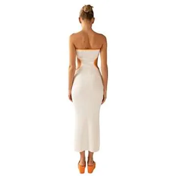 Women Strapless Knitted Long Dress Sexy Twisted Front Sleeveless Tube Dress Bodycon Split Party Club Dress(Waist Hollow Apricot,Medium)