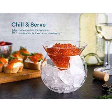 KooK Caviar Servering Set, Glass Chiller Serving Dish with Ice Holder, for Shrimp, Appetizers, Liquor, Martinis and Cocktails, Dishwasher Safe, 5 oz Bowl