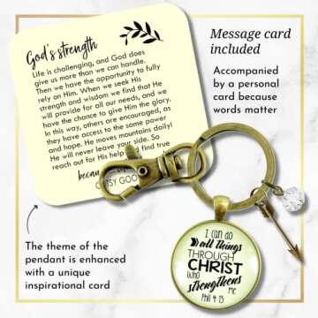I Can Do All Things Through Christ Keychain Boho Style Bronze Jewelry for Women, Key Ring - Handmade Strength and Courage Bible Verse Pendant, Arrow Charm, Thoughtful Gift Message Card & Box