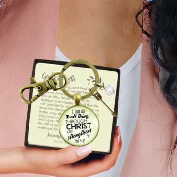 I Can Do All Things Through Christ Keychain Boho Style Bronze Jewelry for Women, Key Ring - Handmade Strength and Courage Bible Verse Pendant, Arrow Charm, Thoughtful Gift Message Card & Box