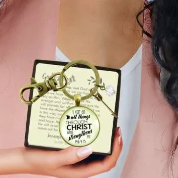 I Can Do All Things Through Christ Keychain Boho Style Bronze Jewelry for Women, Key Ring - Handmade Strength and Courage Bible Verse Pendant, Arrow Charm, Thoughtful Gift Message Card & Box