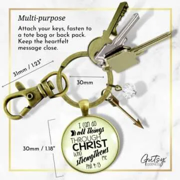 I Can Do All Things Through Christ Keychain Boho Style Bronze Jewelry for Women, Key Ring - Handmade Strength and Courage Bible Verse Pendant, Arrow Charm, Thoughtful Gift Message Card & Box