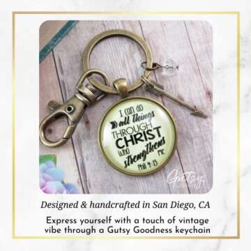 I Can Do All Things Through Christ Keychain Boho Style Bronze Jewelry for Women, Key Ring - Handmade Strength and Courage Bible Verse Pendant, Arrow Charm, Thoughtful Gift Message Card & Box