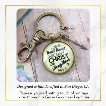 I Can Do All Things Through Christ Keychain Boho Style Bronze Jewelry for Women, Key Ring - Handmade Strength and Courage Bible Verse Pendant, Arrow Charm, Thoughtful Gift Message Card & Box